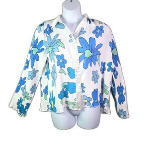 Floral Crinkle Pleated Button Up Blouse Blue Green 3X Textured Spring Statement
